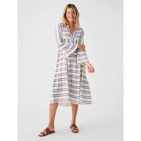 Faherty Dresses & Skirts - Faherty Dream Cotton Gauze Vida Midi Dress Blue Baja Stripe Medium